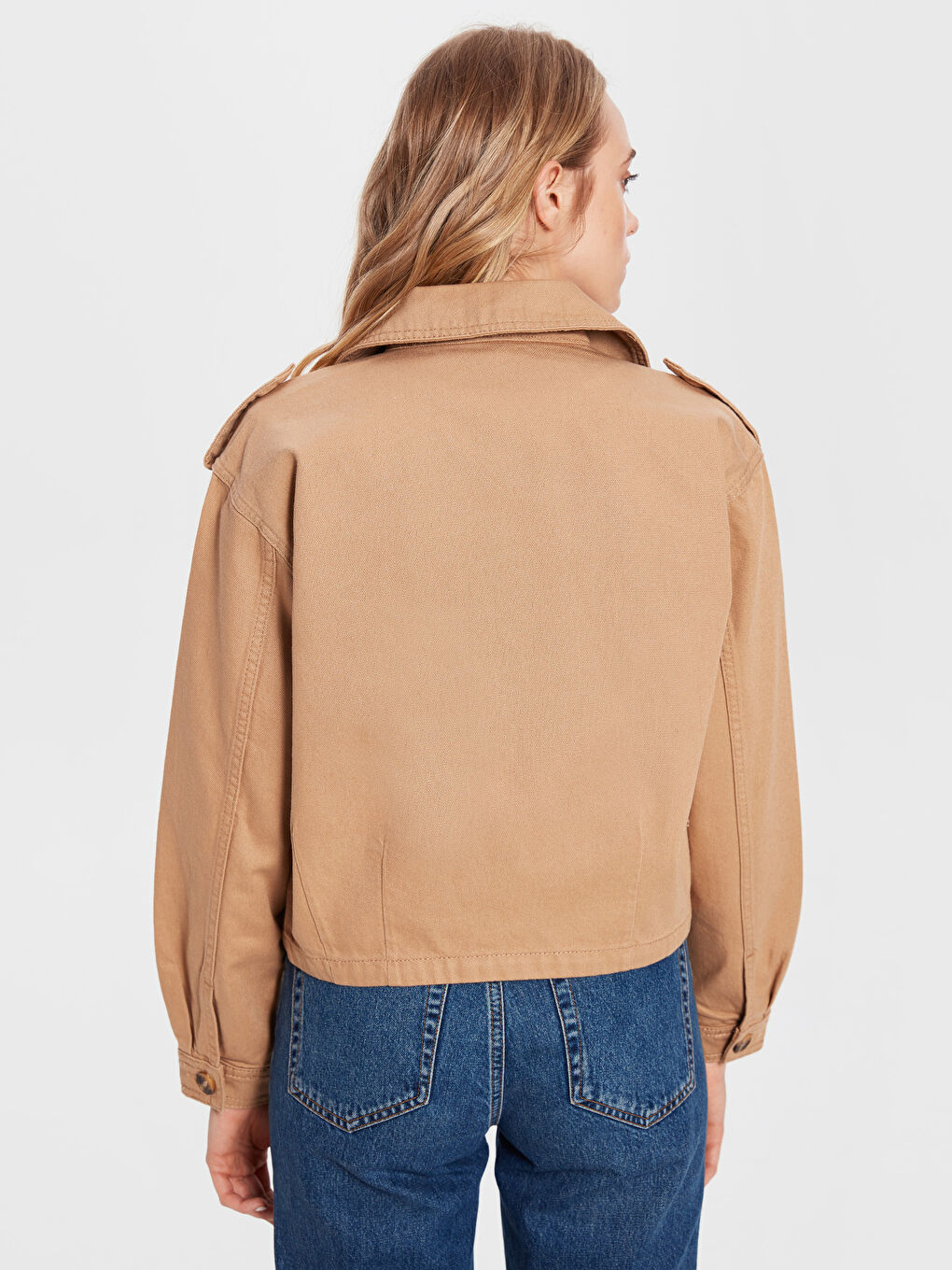 Bej Standart Fit Uzun Kollu Kadın Jean Ceket-3