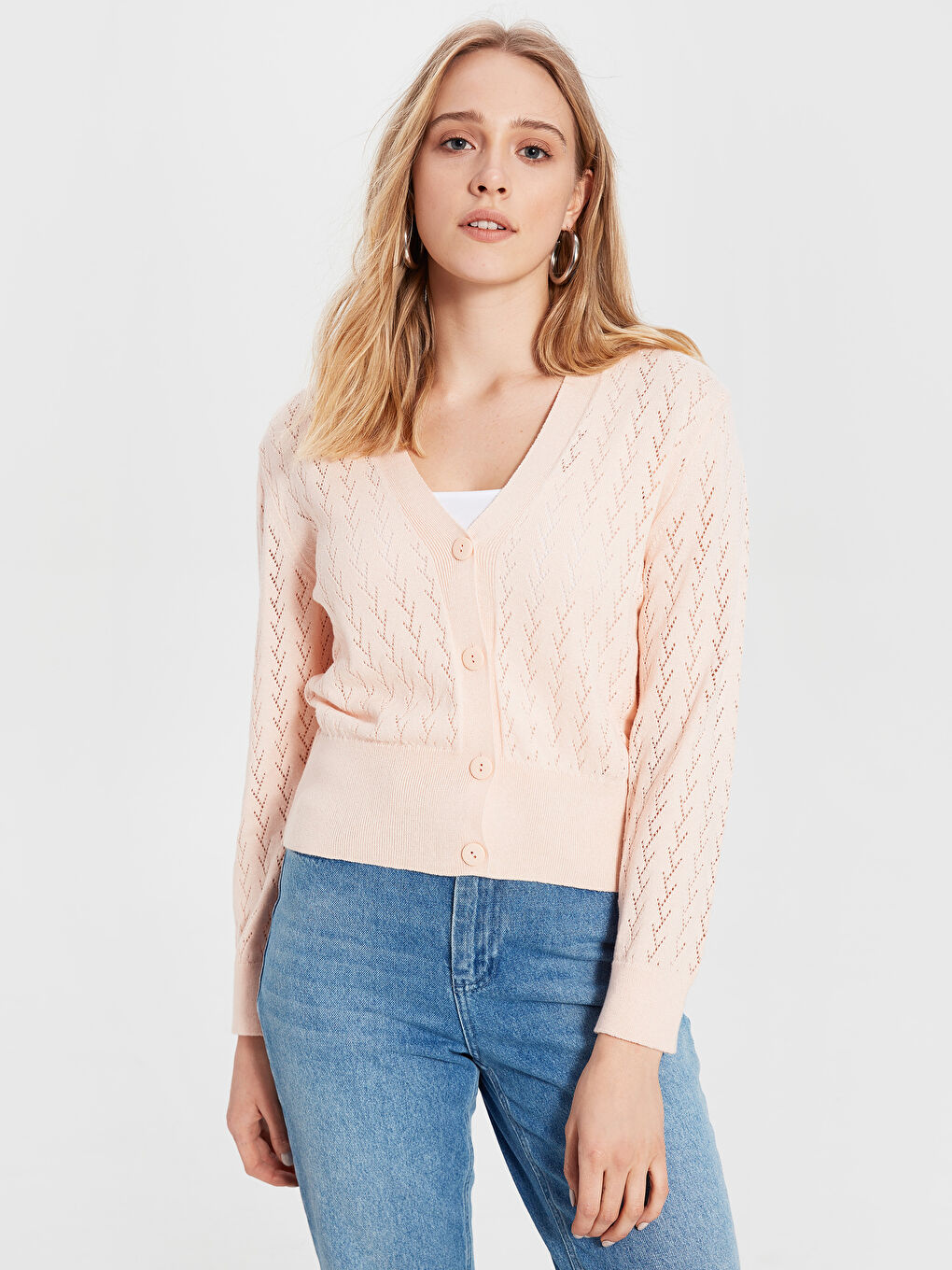 Pembe V Yaka Uzun Kollu Kadın Hırka