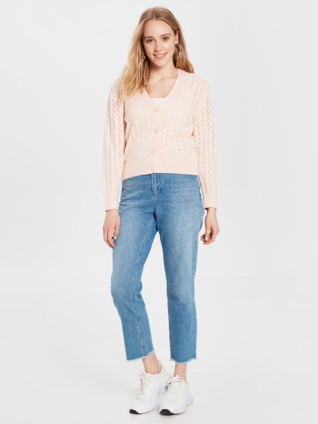 Pembe V Yaka Uzun Kollu Kadın Hırka-1