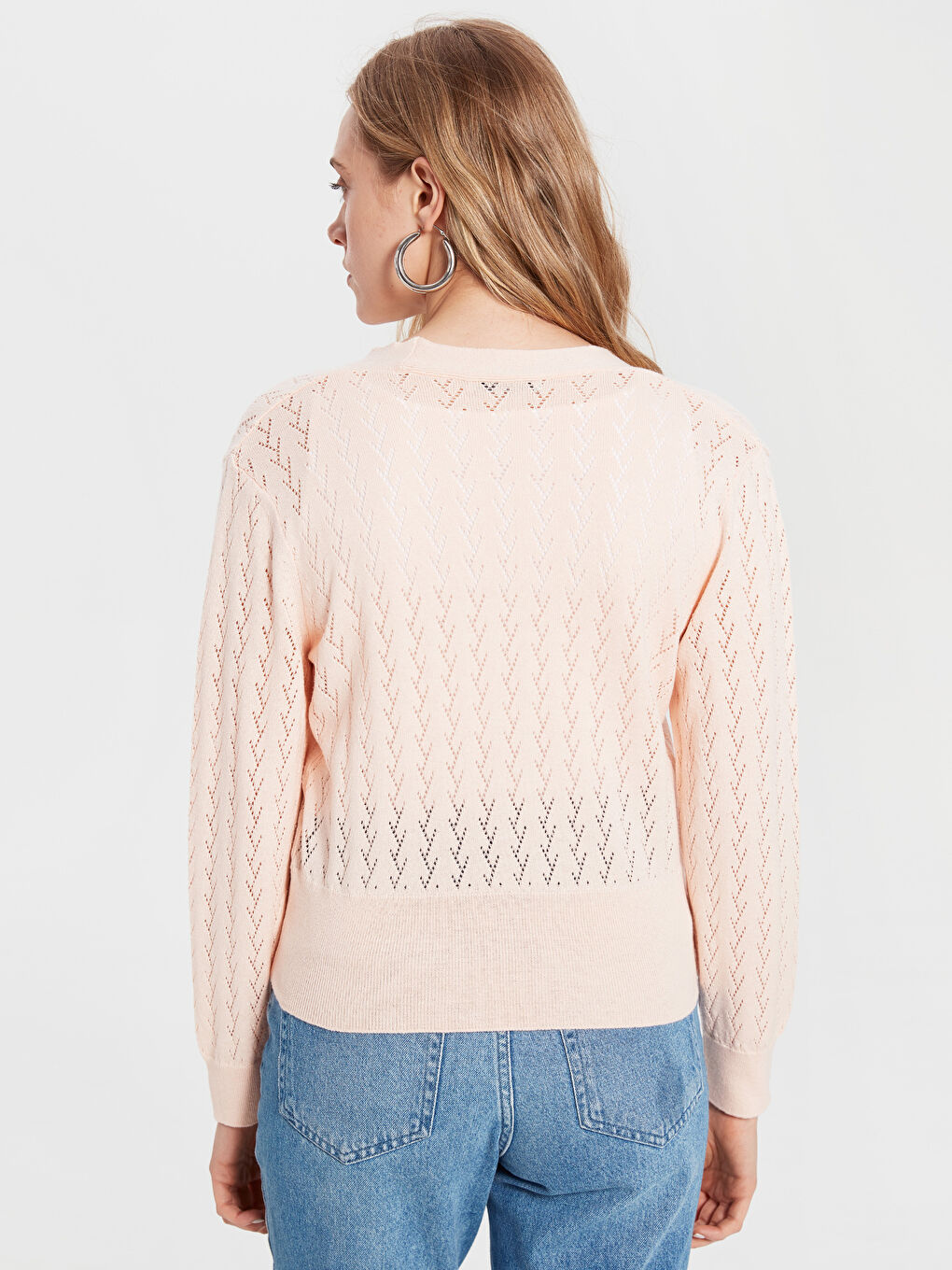 Pembe V Yaka Uzun Kollu Kadın Hırka-2