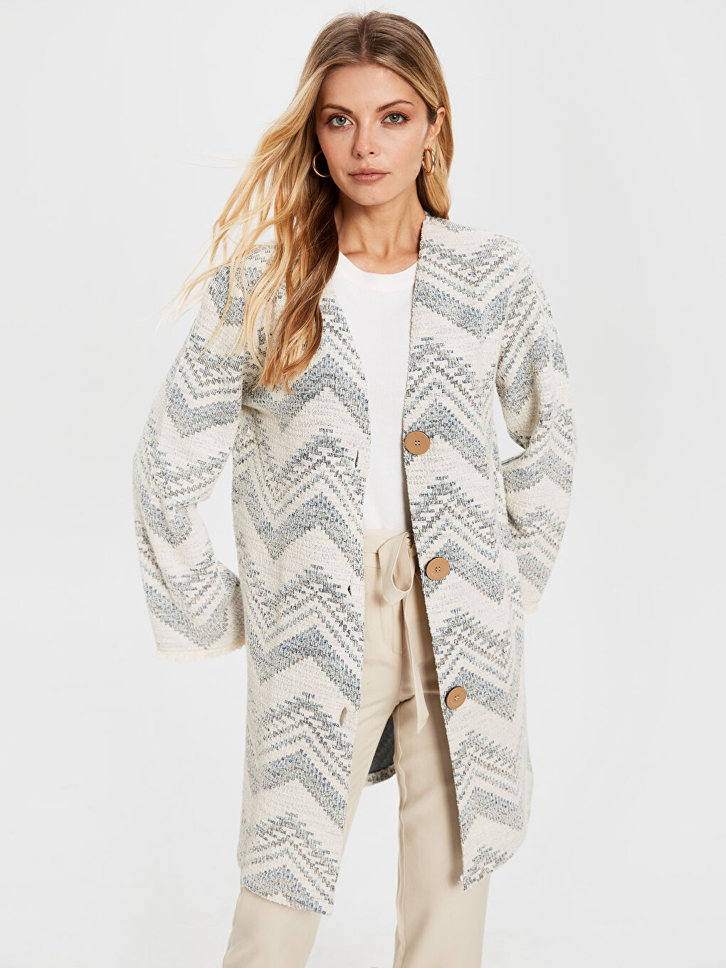 Karışık Bisiklet Yaka Uzun Kollu Kadın Hırka-2