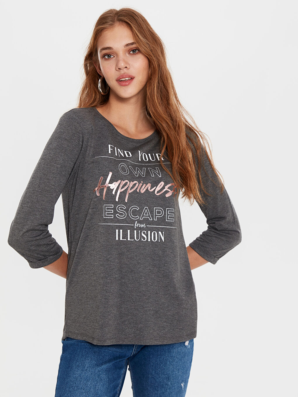 Antrasit Bisiklet Yaka Kadın Tişört