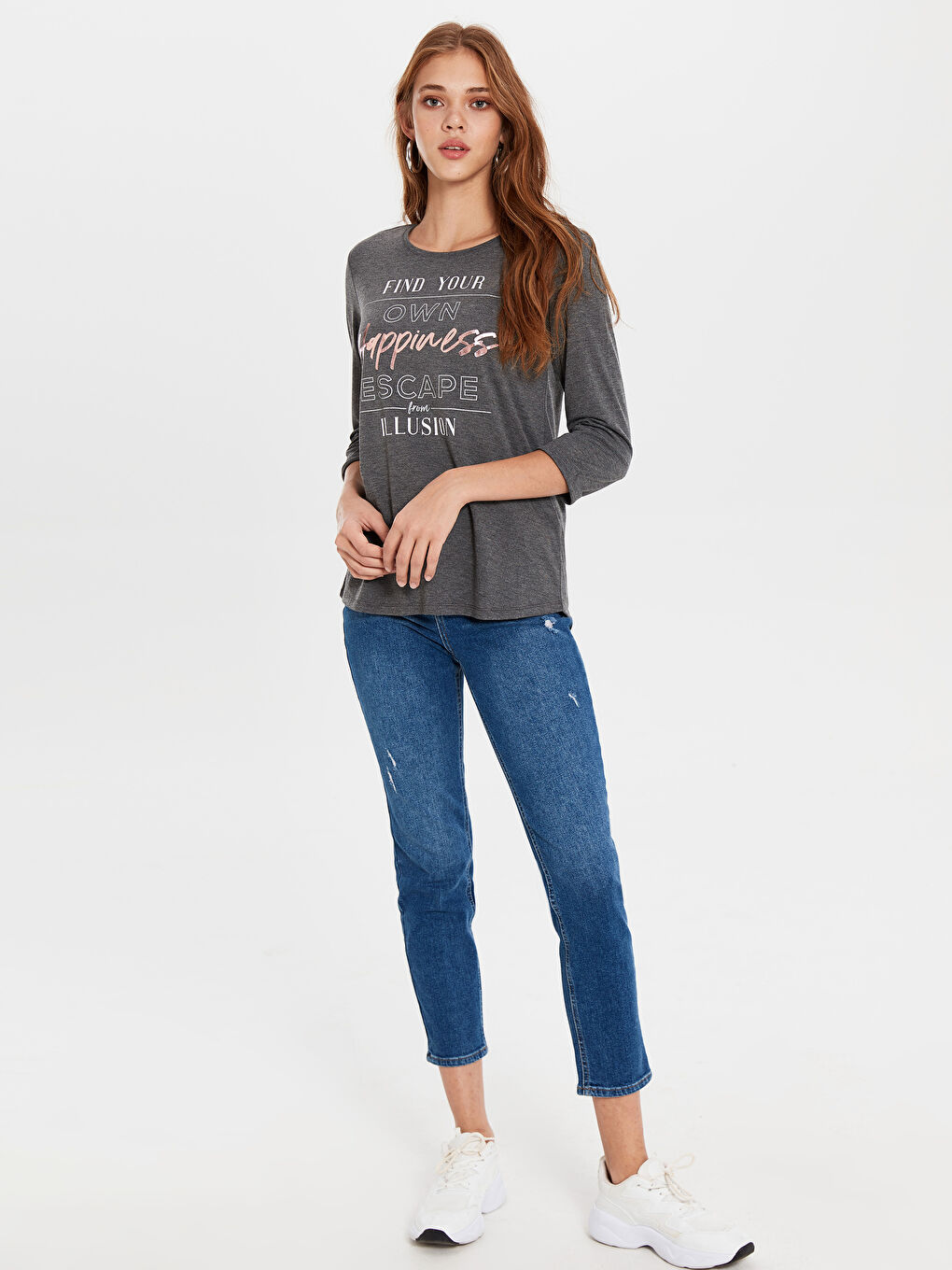 Antrasit Bisiklet Yaka Kadın Tişört-2