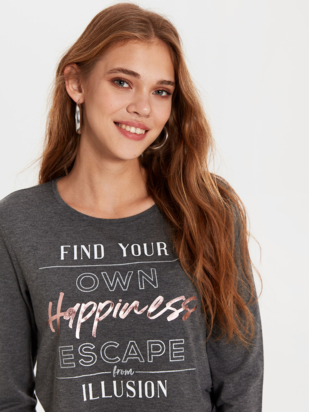 Antrasit Bisiklet Yaka Kadın Tişört-3