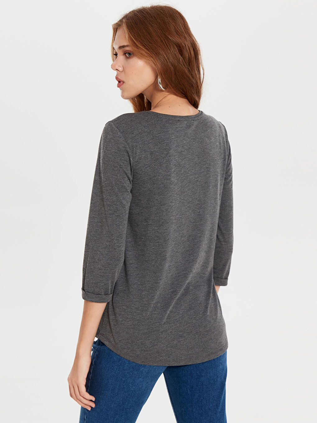 Antrasit Bisiklet Yaka Kadın Tişört-4