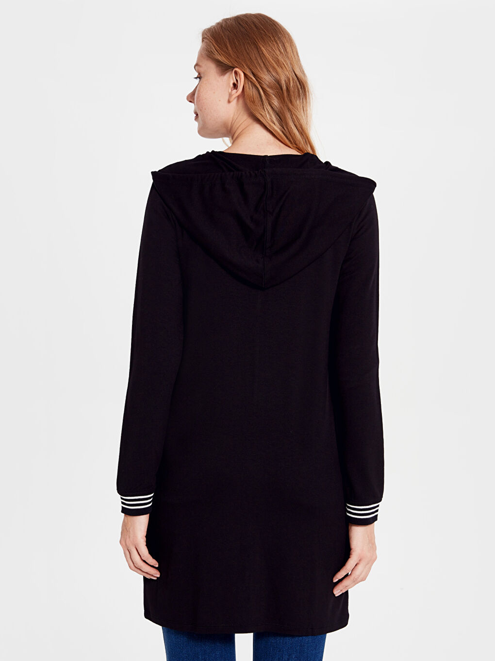 Siyah Kapüşonlu Uzun Kollu Sweatshirt Kumaşı Kadın Spor Hırka-2