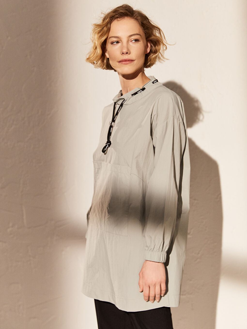 Yeşil Dik Yaka Uzun Kollu Oversize Kadın Tunik