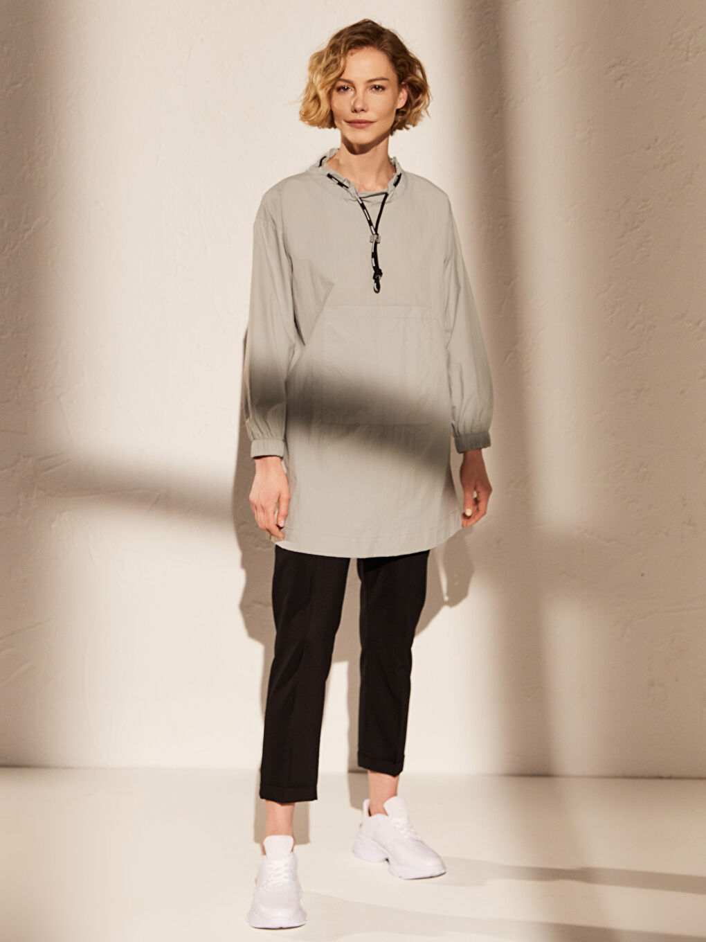 Yeşil Dik Yaka Uzun Kollu Oversize Kadın Tunik-1