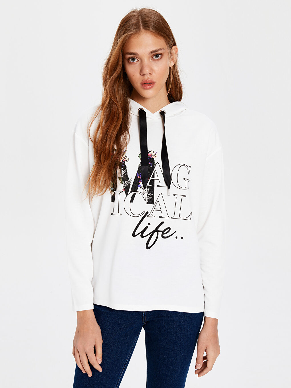 Ekru Baskılı Uzun Kollu Kadın Hoodie