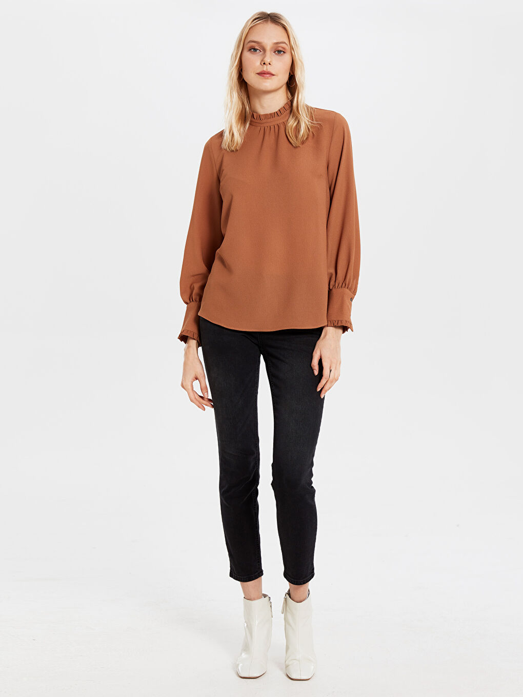 Kahverengi Uzun Kollu Krep Kadın Bluz-2