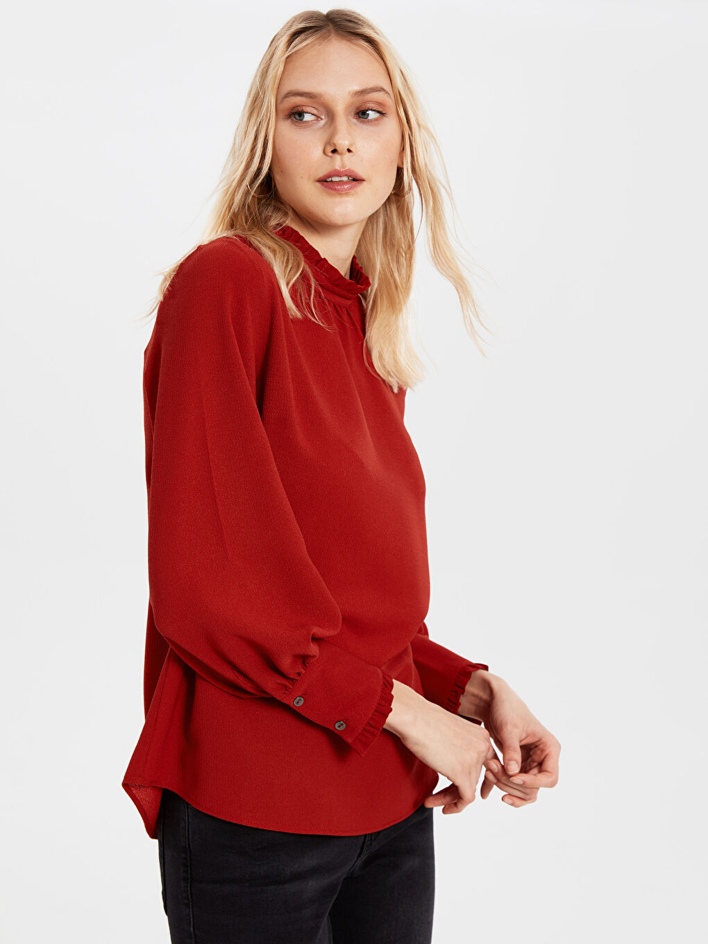 Turuncu Uzun Kollu Krep Kadın Bluz