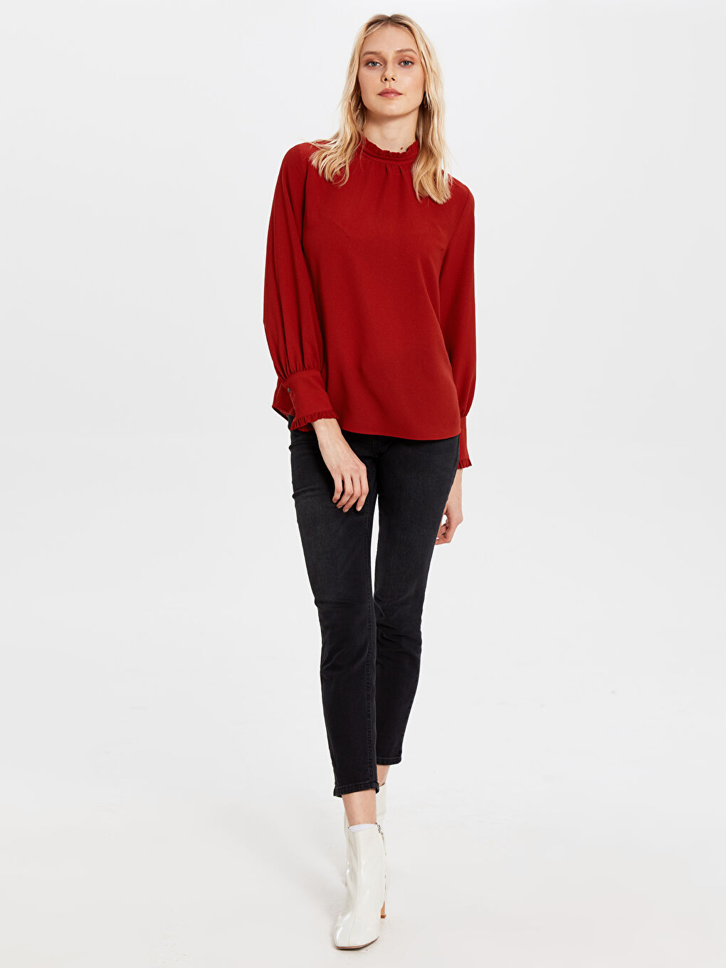 Turuncu Uzun Kollu Krep Kadın Bluz-2