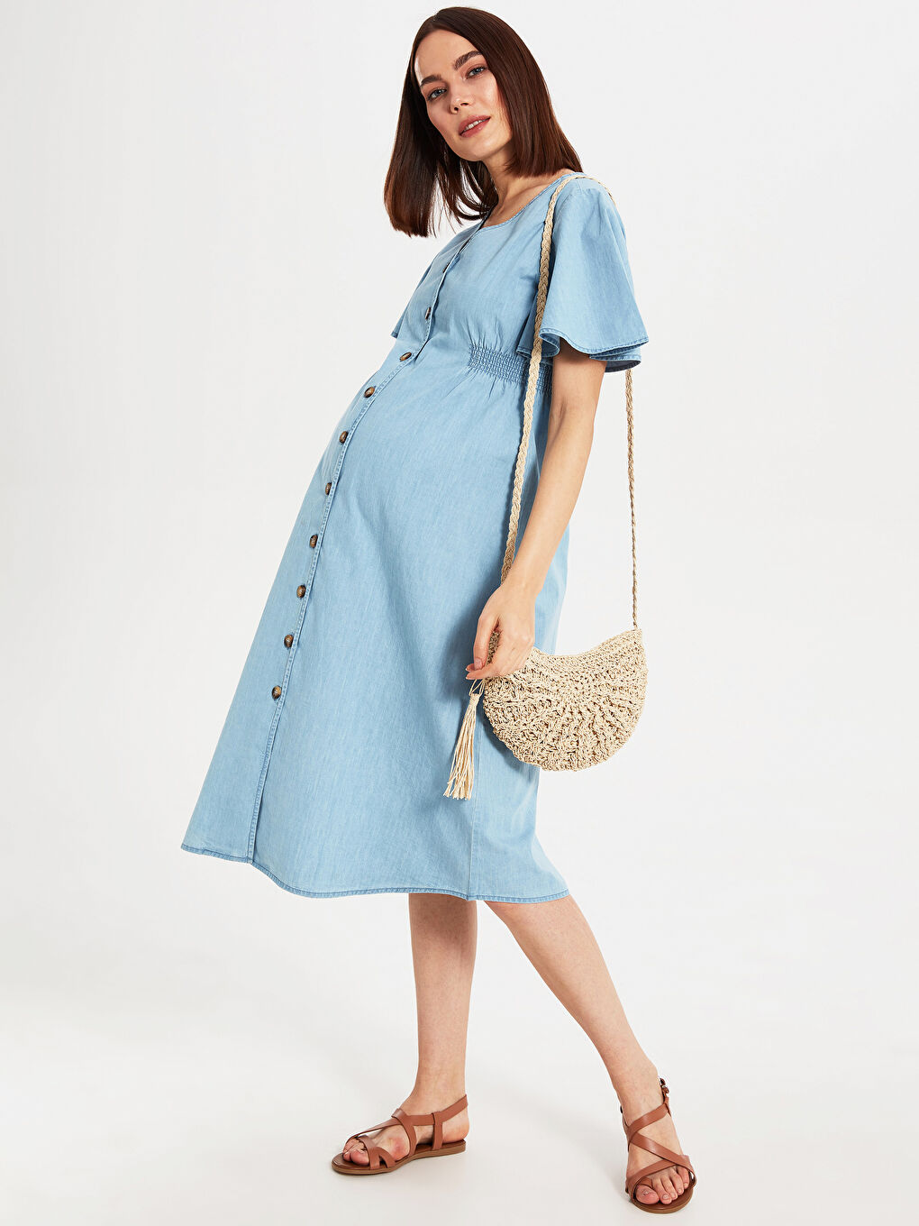 İndigo V Yaka Kısa Kollu Kadın Hamile Jean Elbise-6