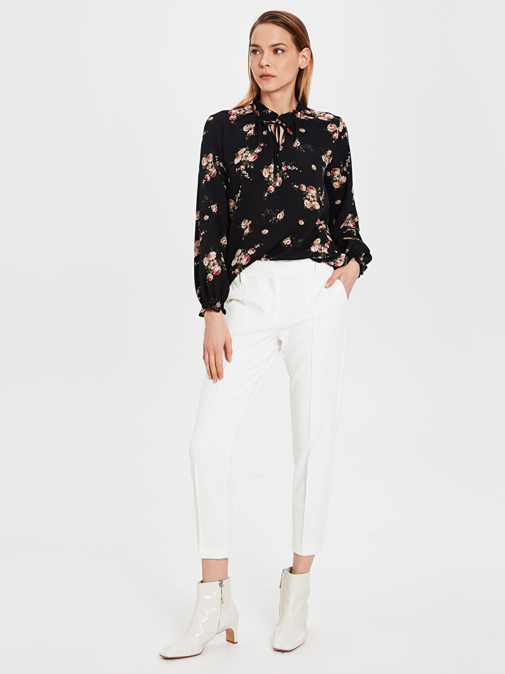 Siyah Uzun Kollu Krep Kadın Bluz-3