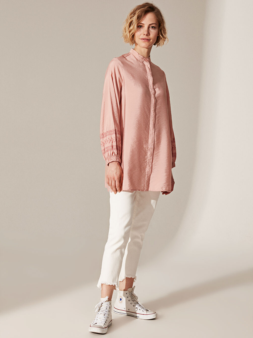 Pembe Uzun Kollu Kadın Tunik-1