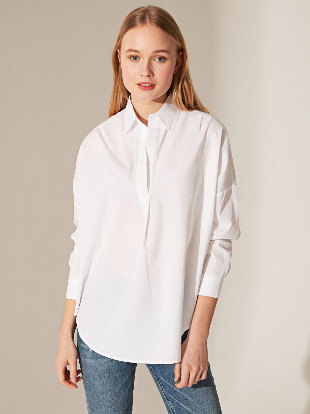 Beyaz Uzun Kollu Poplin Kadın Bluz