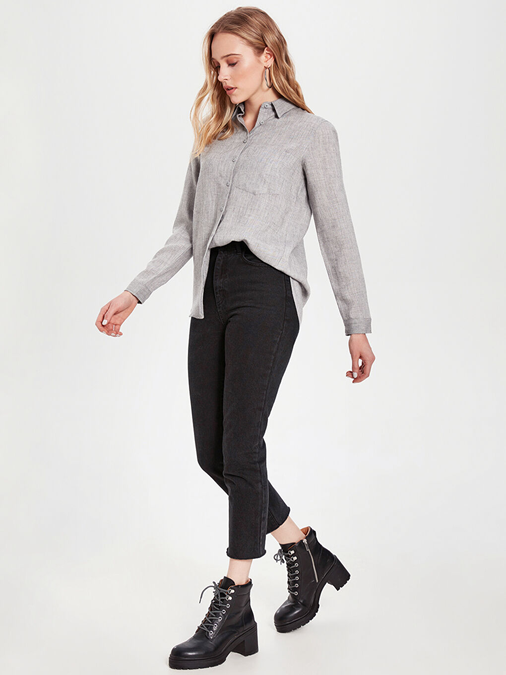 Gri Uzun Kollu Kadın Gömlek-2