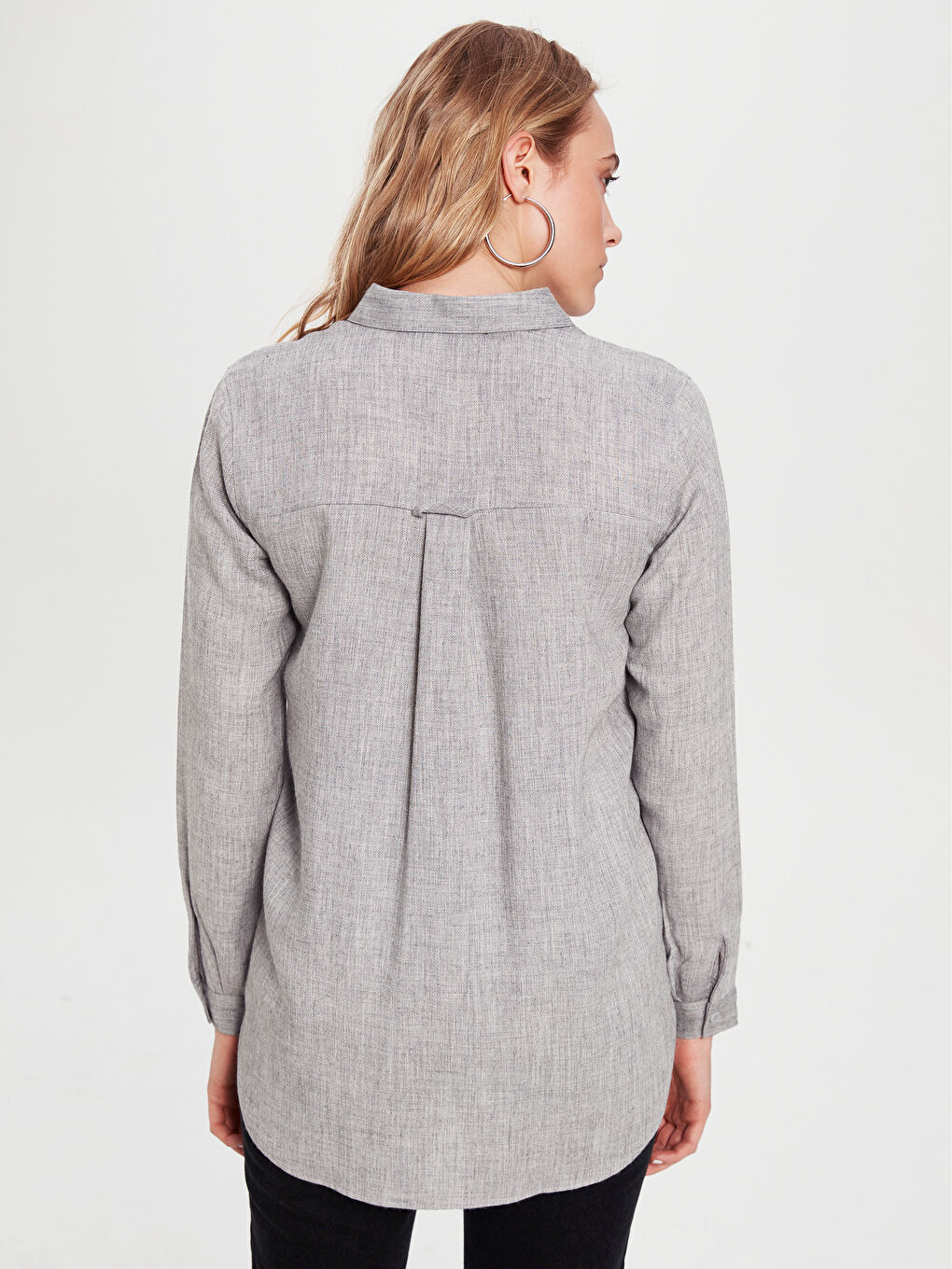 Gri Uzun Kollu Kadın Gömlek-3