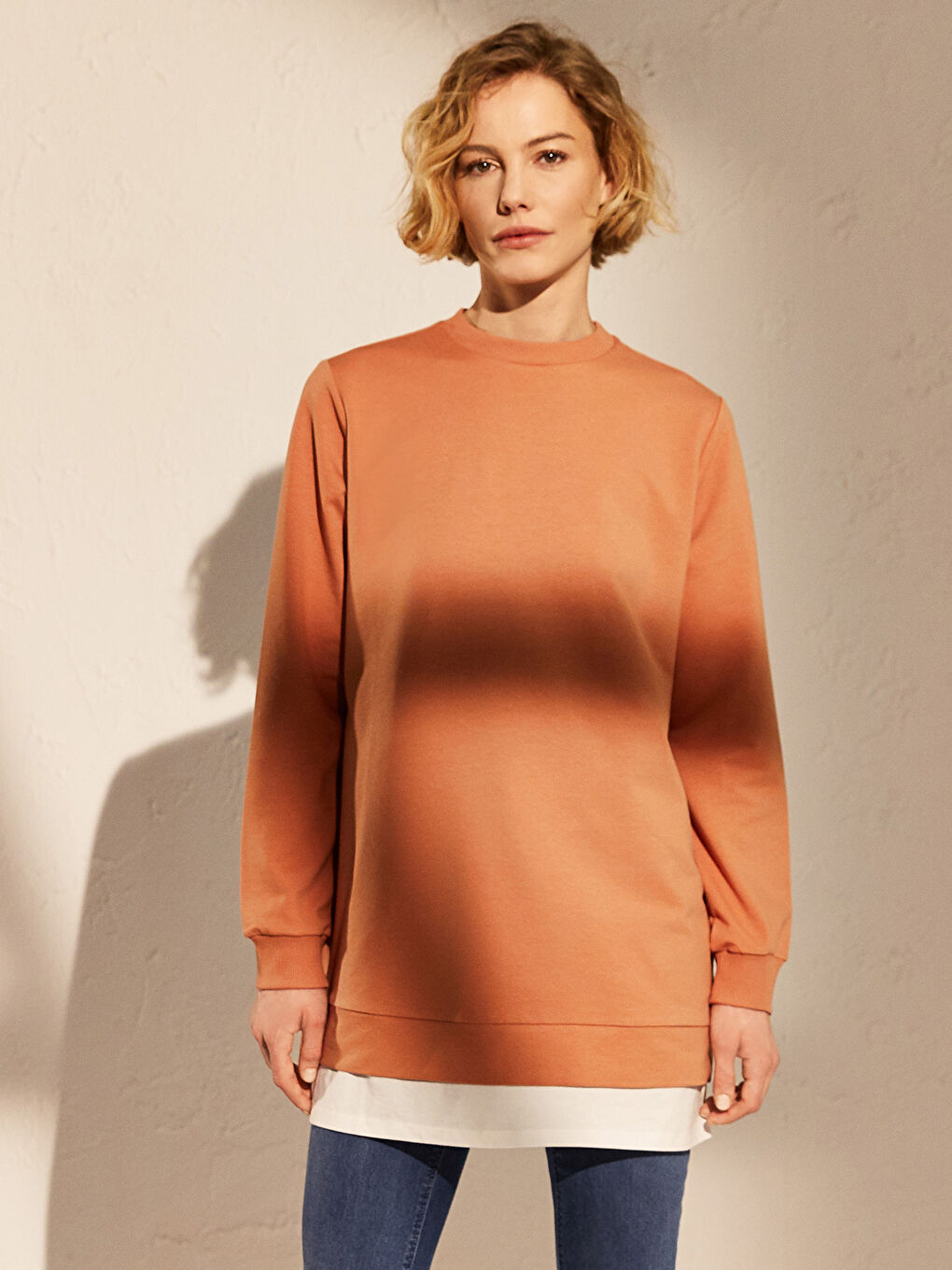 Turuncu Bisiklet Yaka Düz Uzun Kollu Kadın Sweatshirt Tunik