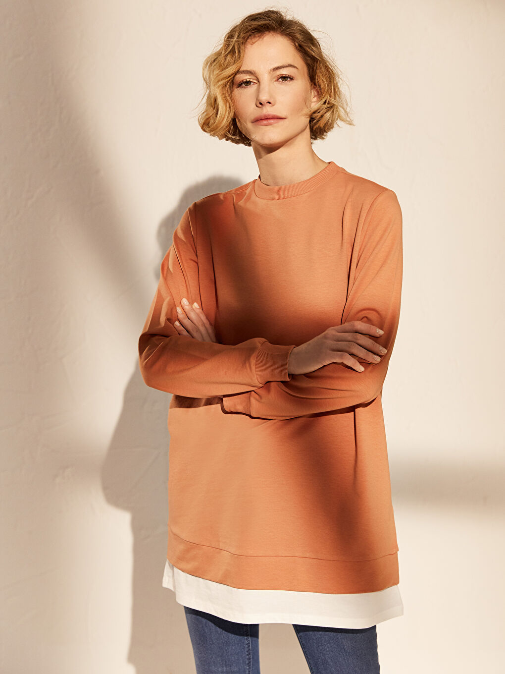 Turuncu Bisiklet Yaka Düz Uzun Kollu Kadın Sweatshirt Tunik-2