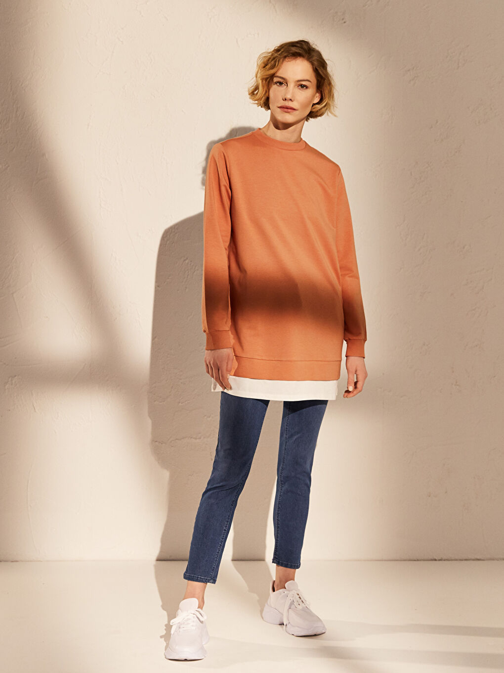 Turuncu Bisiklet Yaka Düz Uzun Kollu Kadın Sweatshirt Tunik-3