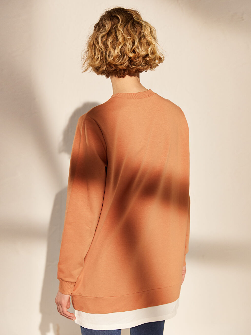 Turuncu Bisiklet Yaka Düz Uzun Kollu Kadın Sweatshirt Tunik-4