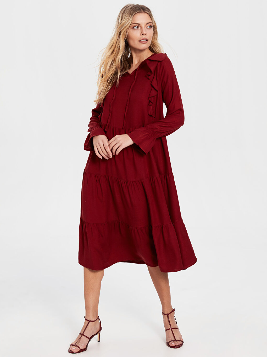 Bordo Uzun Kollu Gabardin Kadın Elbise