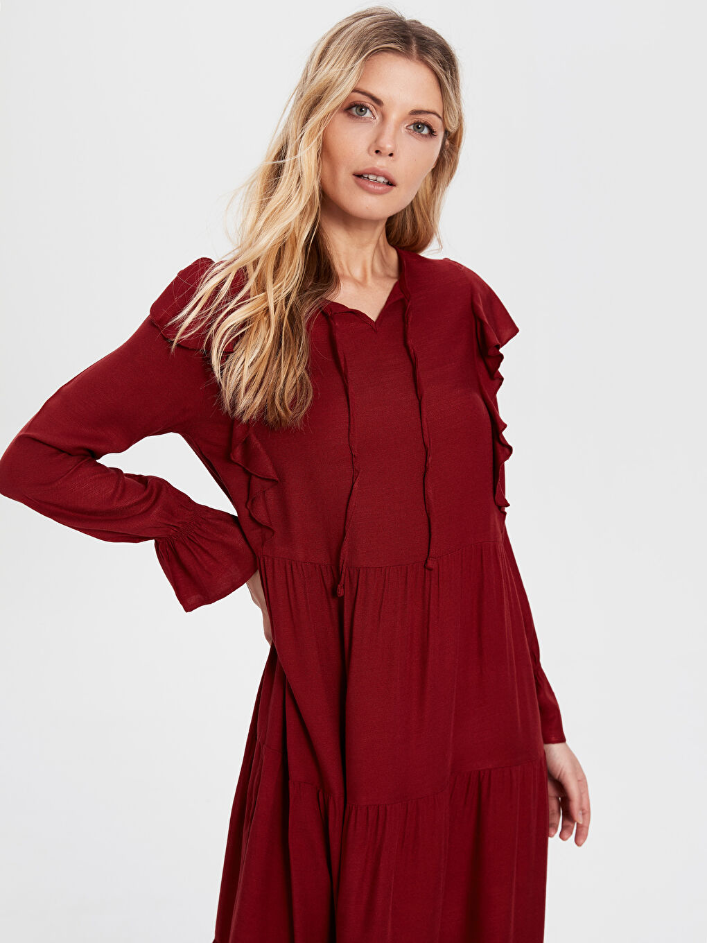 Bordo Uzun Kollu Gabardin Kadın Elbise-1