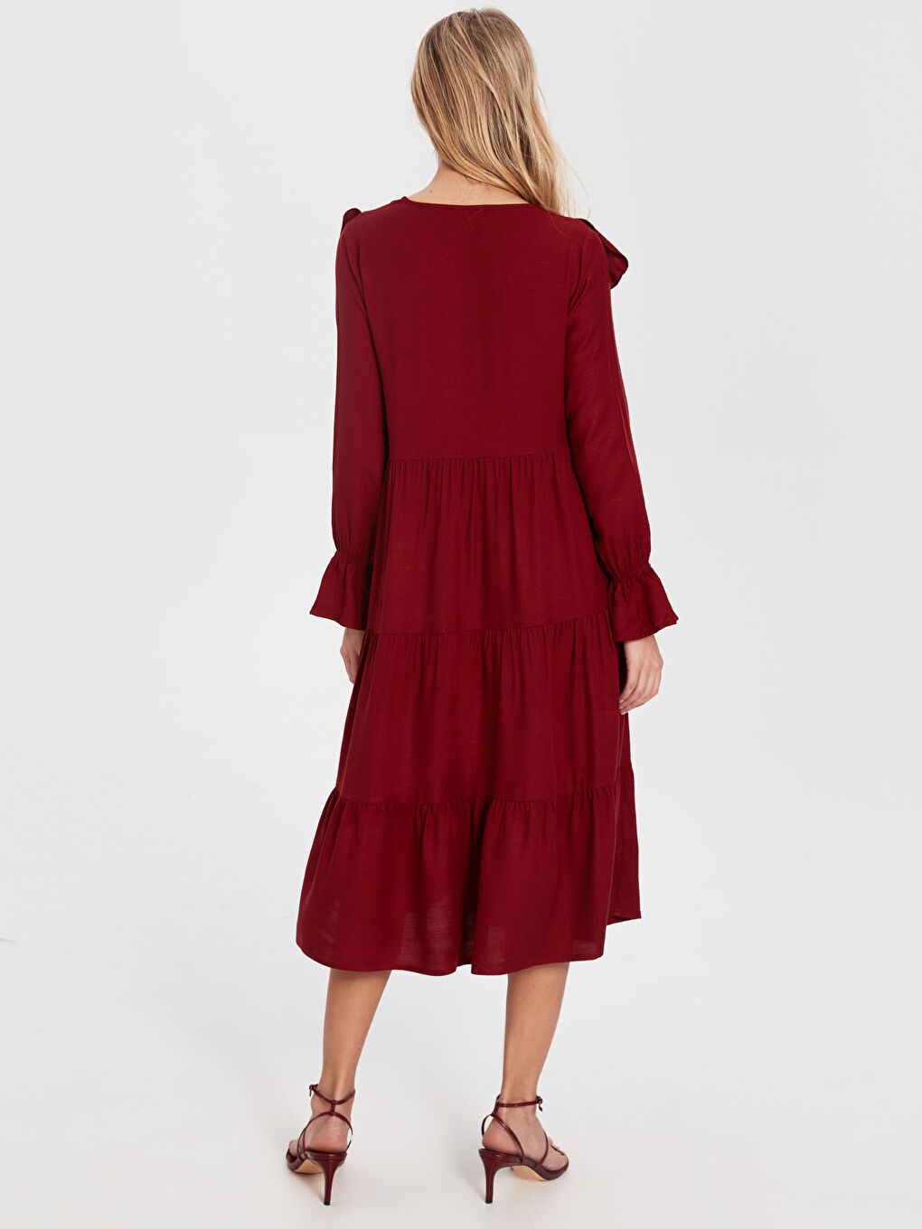 Bordo Uzun Kollu Gabardin Kadın Elbise-2