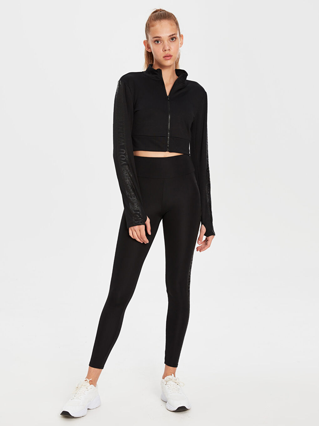 Siyah Dik Yaka Dar Fit Uzun Kollu Dalgıç Kumaşı Kadın Dik Yaka Sweatshirt-3