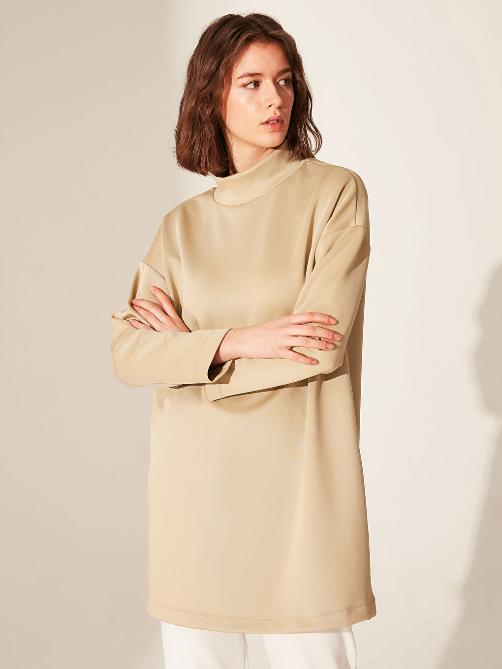 تونيك قماش غطس كم طويل بياقة قمع للسيدات-2