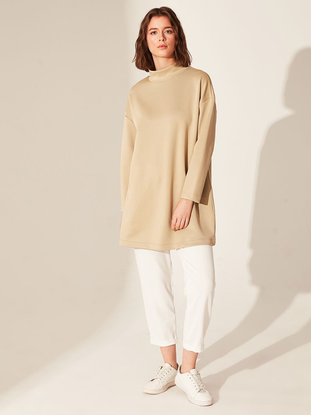 تونيك قماش غطس كم طويل بياقة قمع للسيدات-4