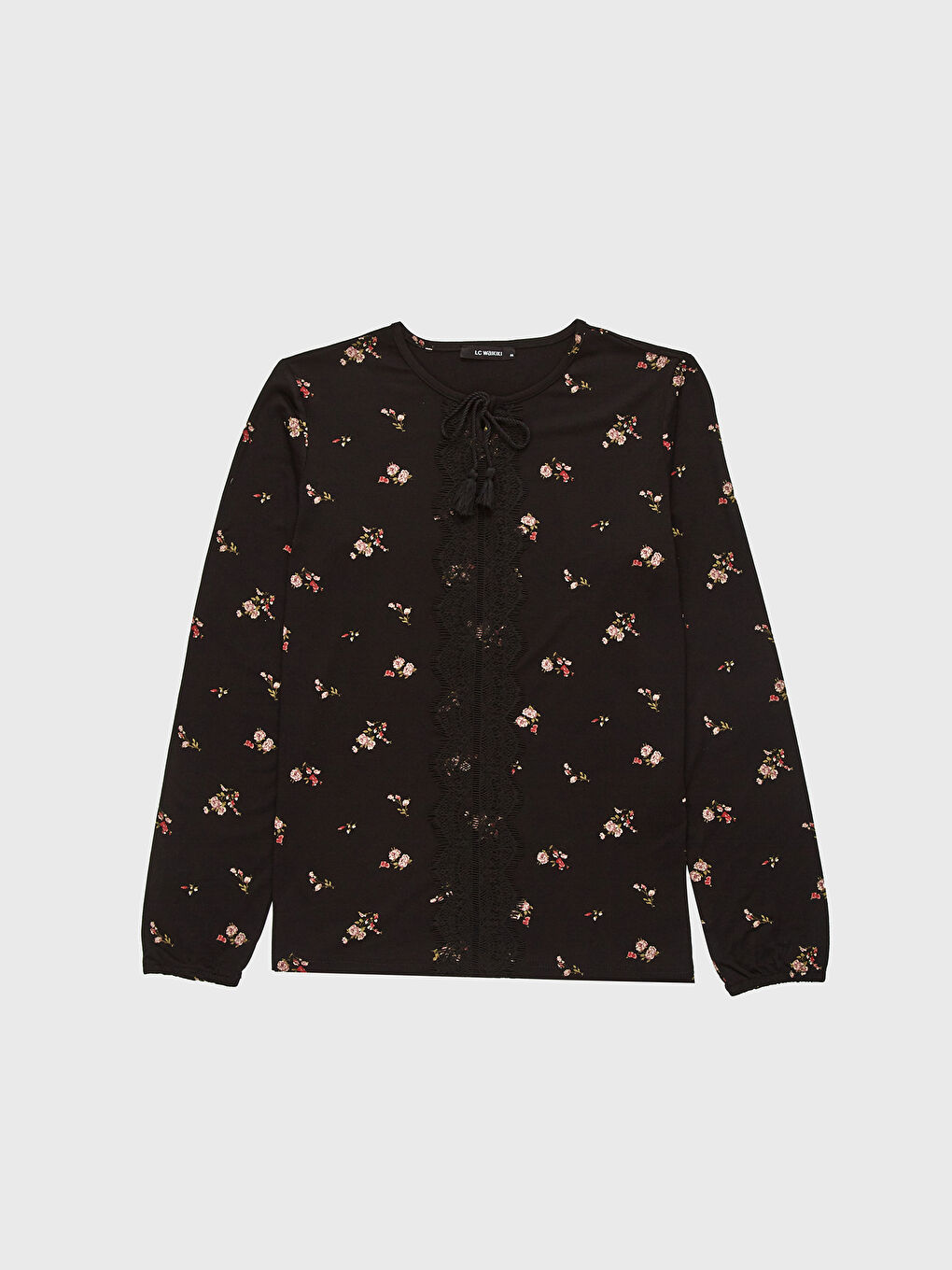 Siyah Bağlamalı Yaka Uzun Kollu Kadın Tişört-1