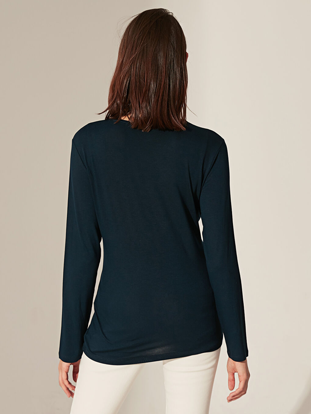 Lacivert Bisiklet Yaka Uzun Kollu Kadın Tişört-2