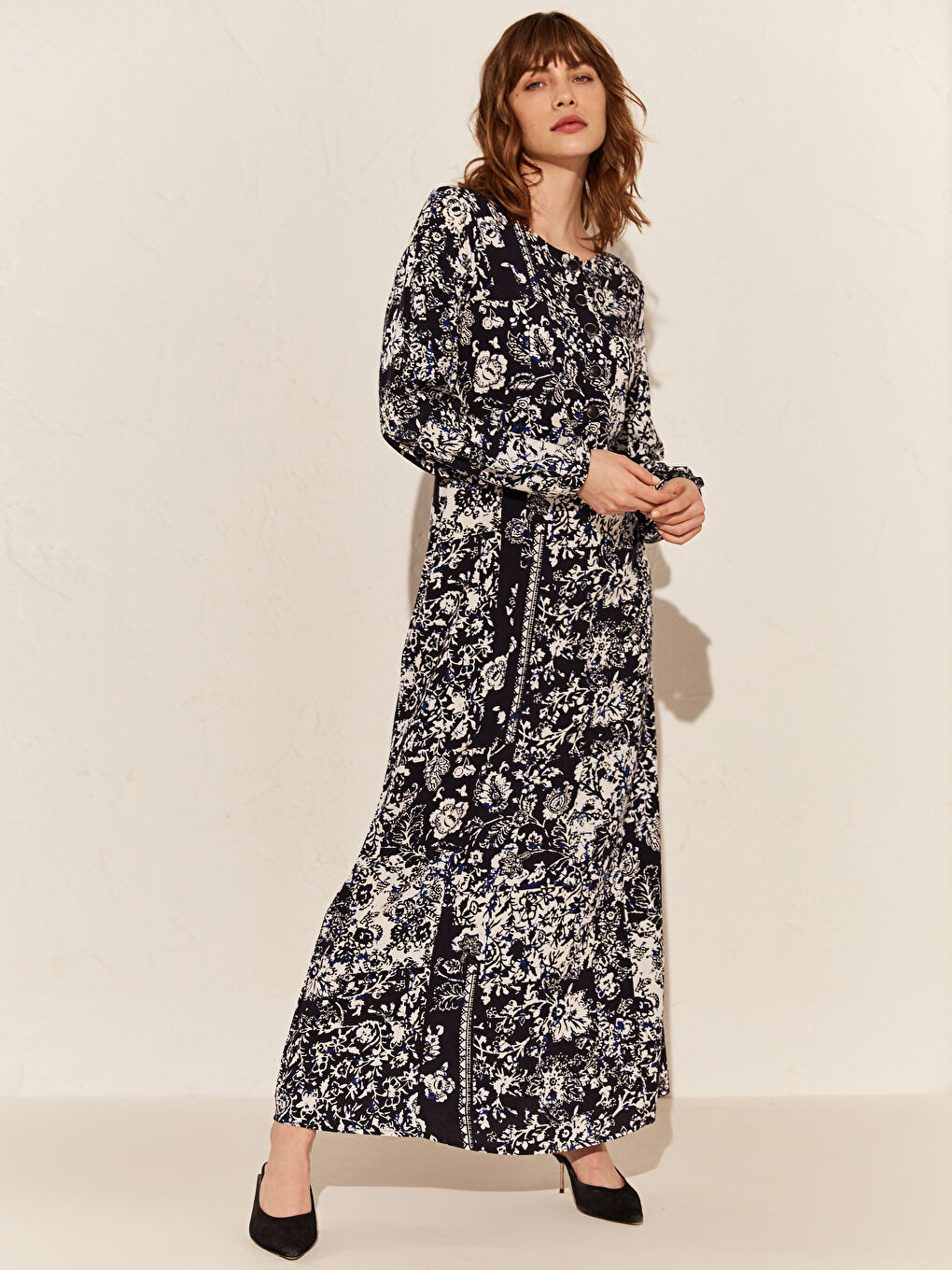 Lacivert Standart Fit Uzun Kollu Kadın Desenli Uzun Elbise