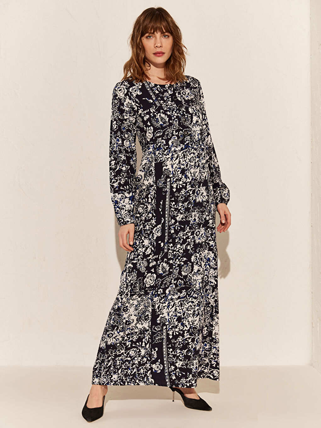 Lacivert Standart Fit Uzun Kollu Kadın Desenli Uzun Elbise-1