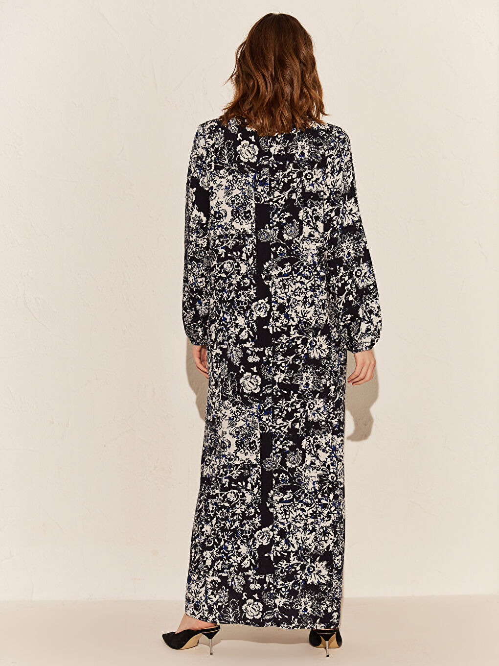 Lacivert Standart Fit Uzun Kollu Kadın Desenli Uzun Elbise-2