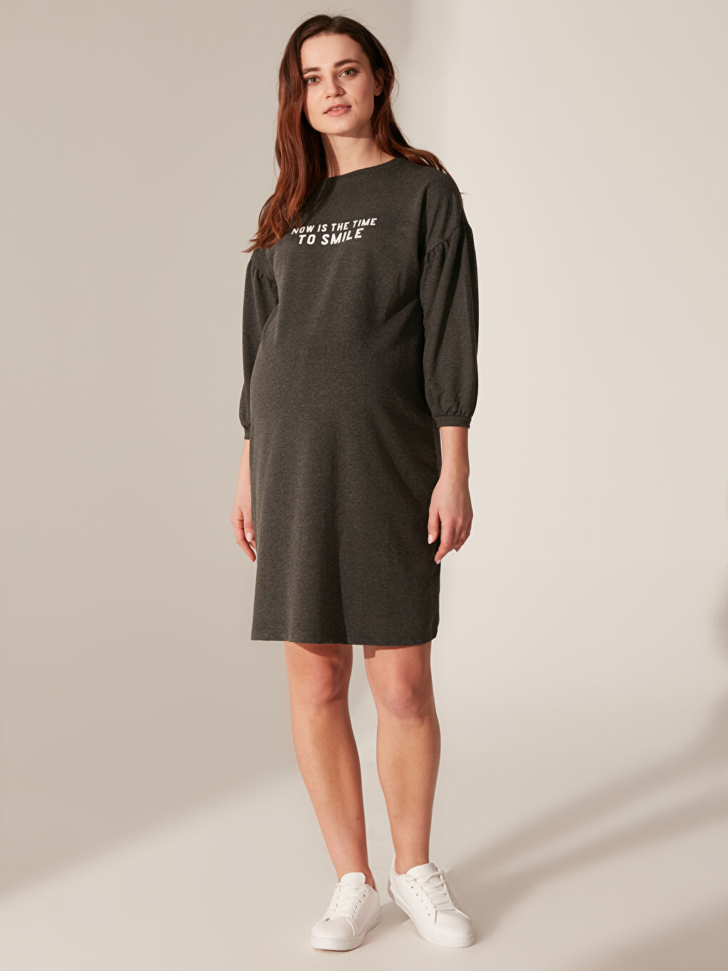 Gri Bisiklet Yaka Baskılı Hamile Elbise-6