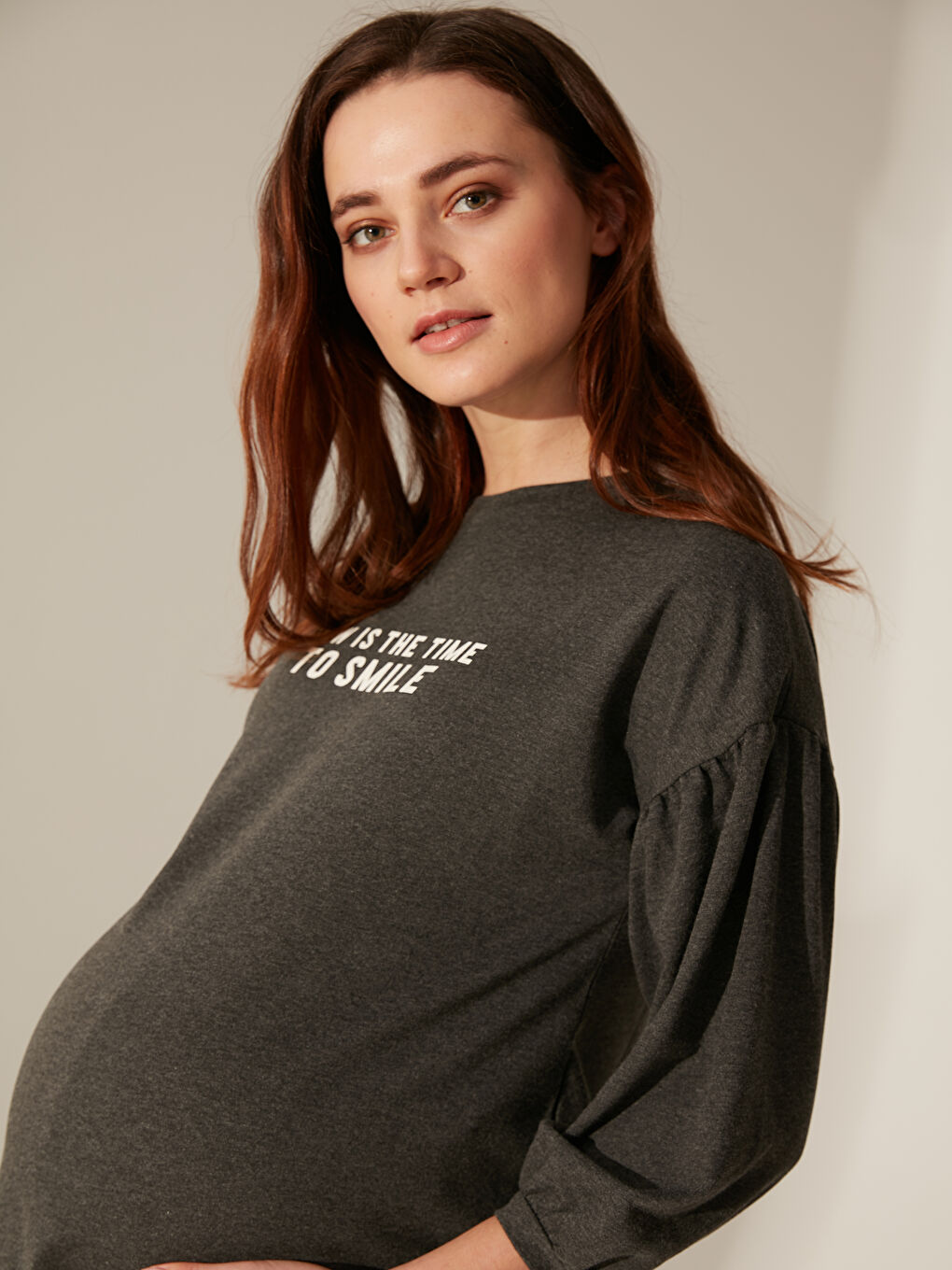 Gri Bisiklet Yaka Baskılı Hamile Elbise-8