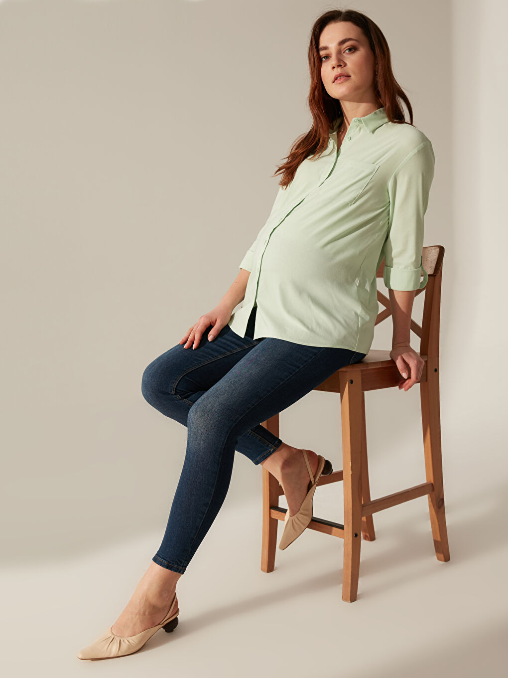 Yeşil Gömlek Yaka Uzun Kollu Poplin Kadın Gömlek-5