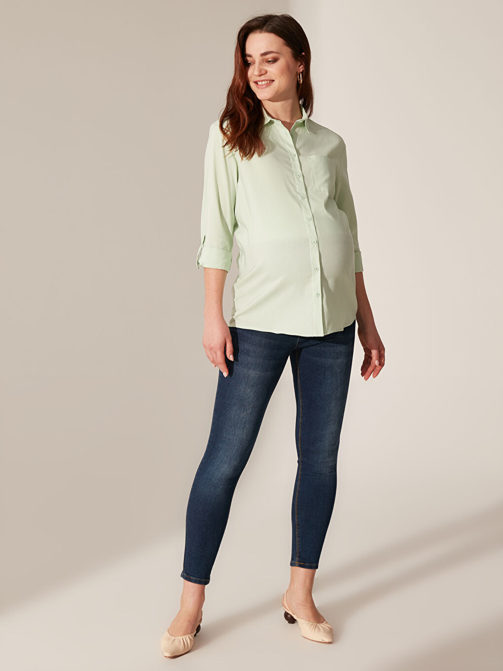 Yeşil Gömlek Yaka Uzun Kollu Poplin Kadın Gömlek-6