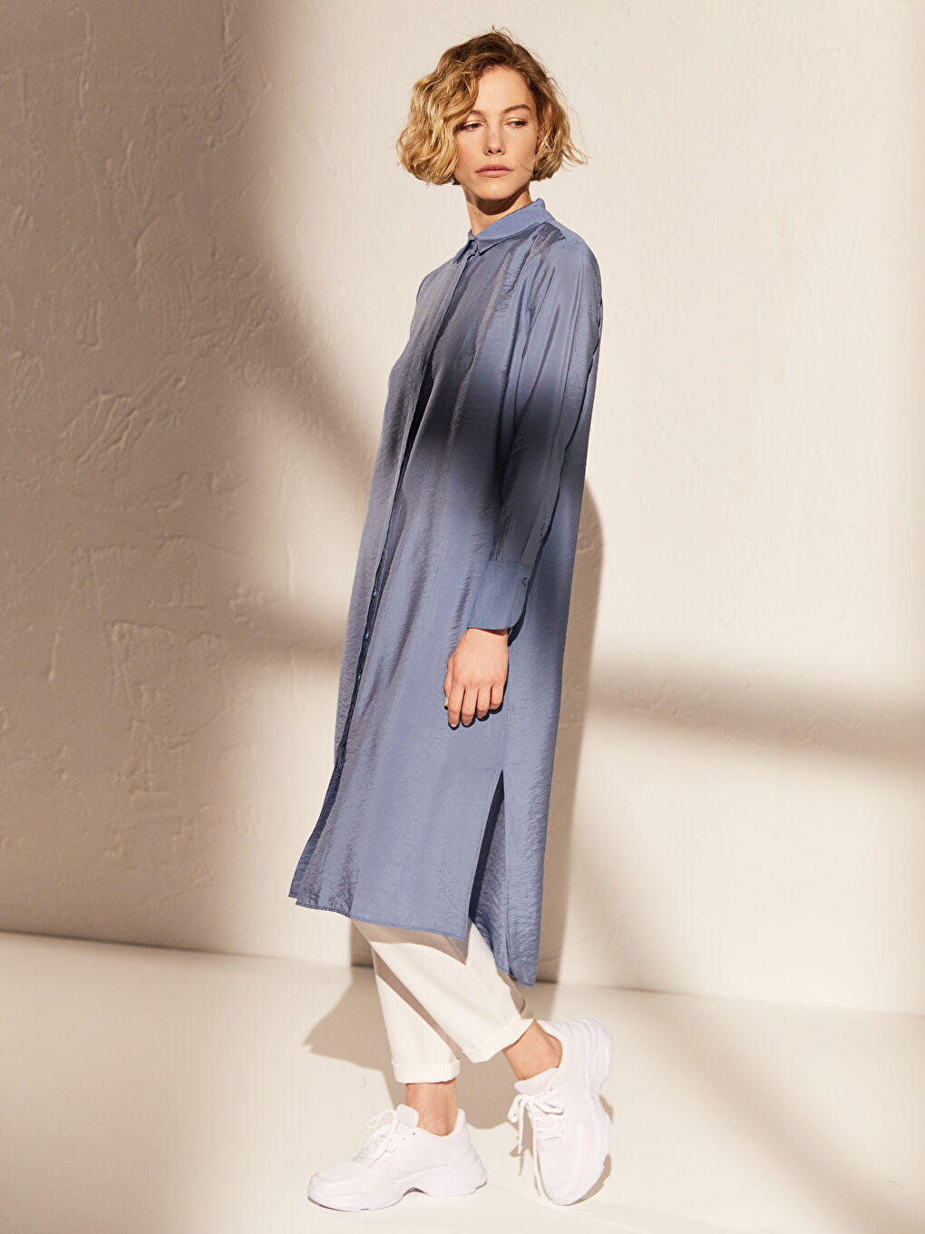 Mavi Gömlek Yaka Uzun Kollu Kadın Tunik