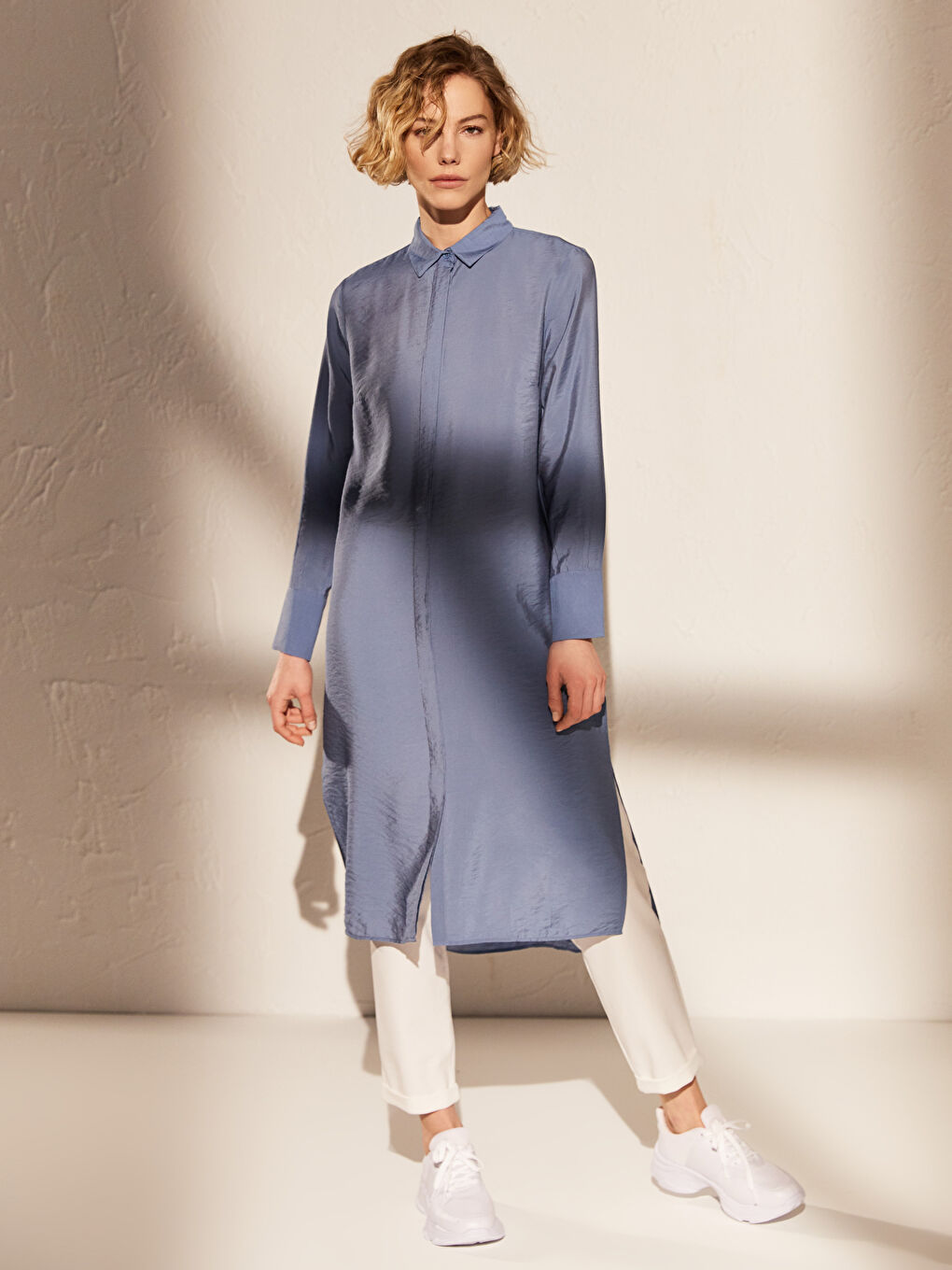 Mavi Gömlek Yaka Uzun Kollu Kadın Tunik-2