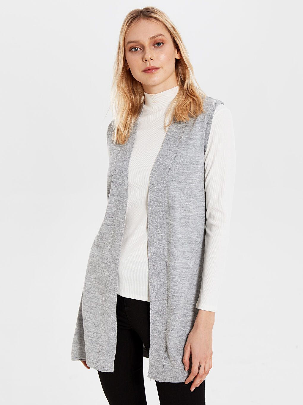 Gri Kadın Şal Yaka Düz Yelek