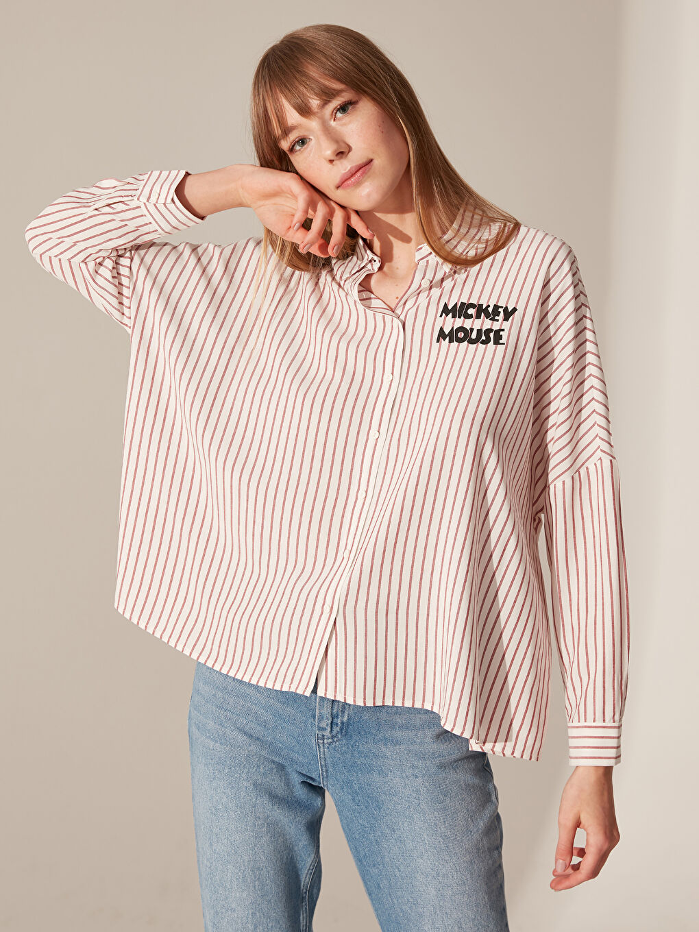 Kırmızı Rahat Kalıp Uzun Kollu Poplin Kadın Gömlek-1