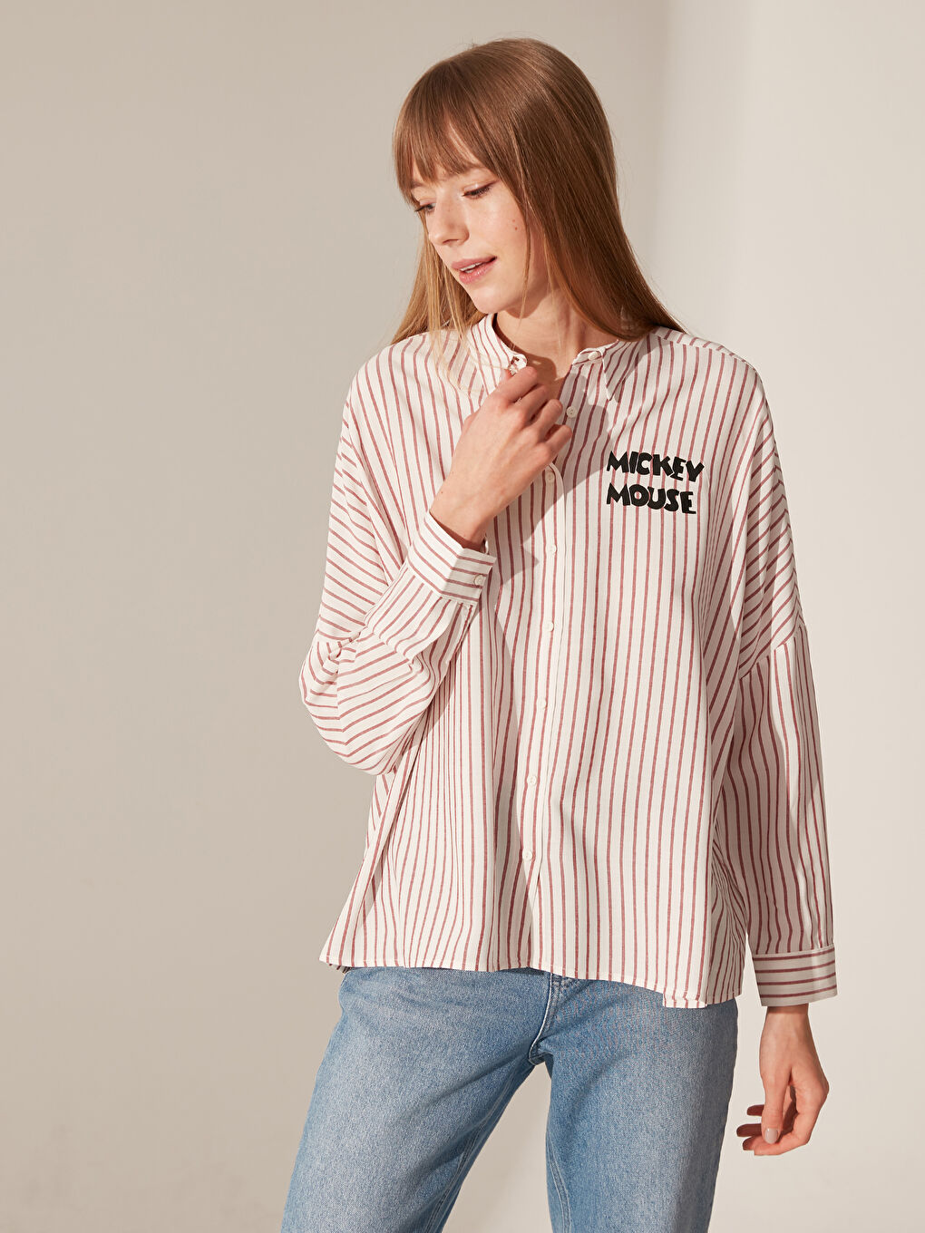 Kırmızı Rahat Kalıp Uzun Kollu Poplin Kadın Gömlek-2