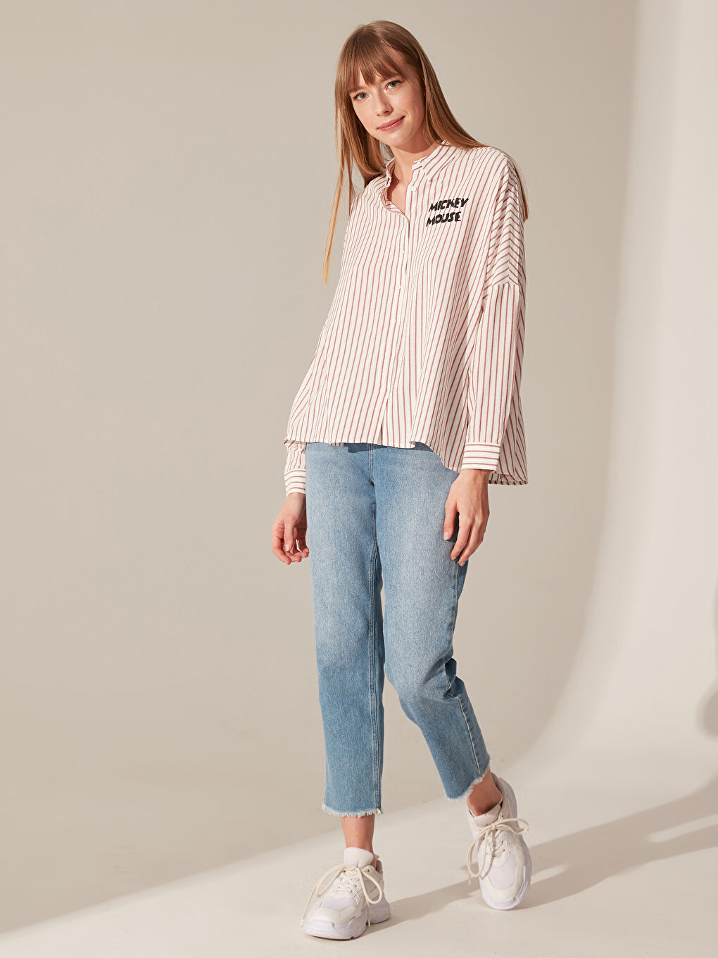 Kırmızı Rahat Kalıp Uzun Kollu Poplin Kadın Gömlek-3