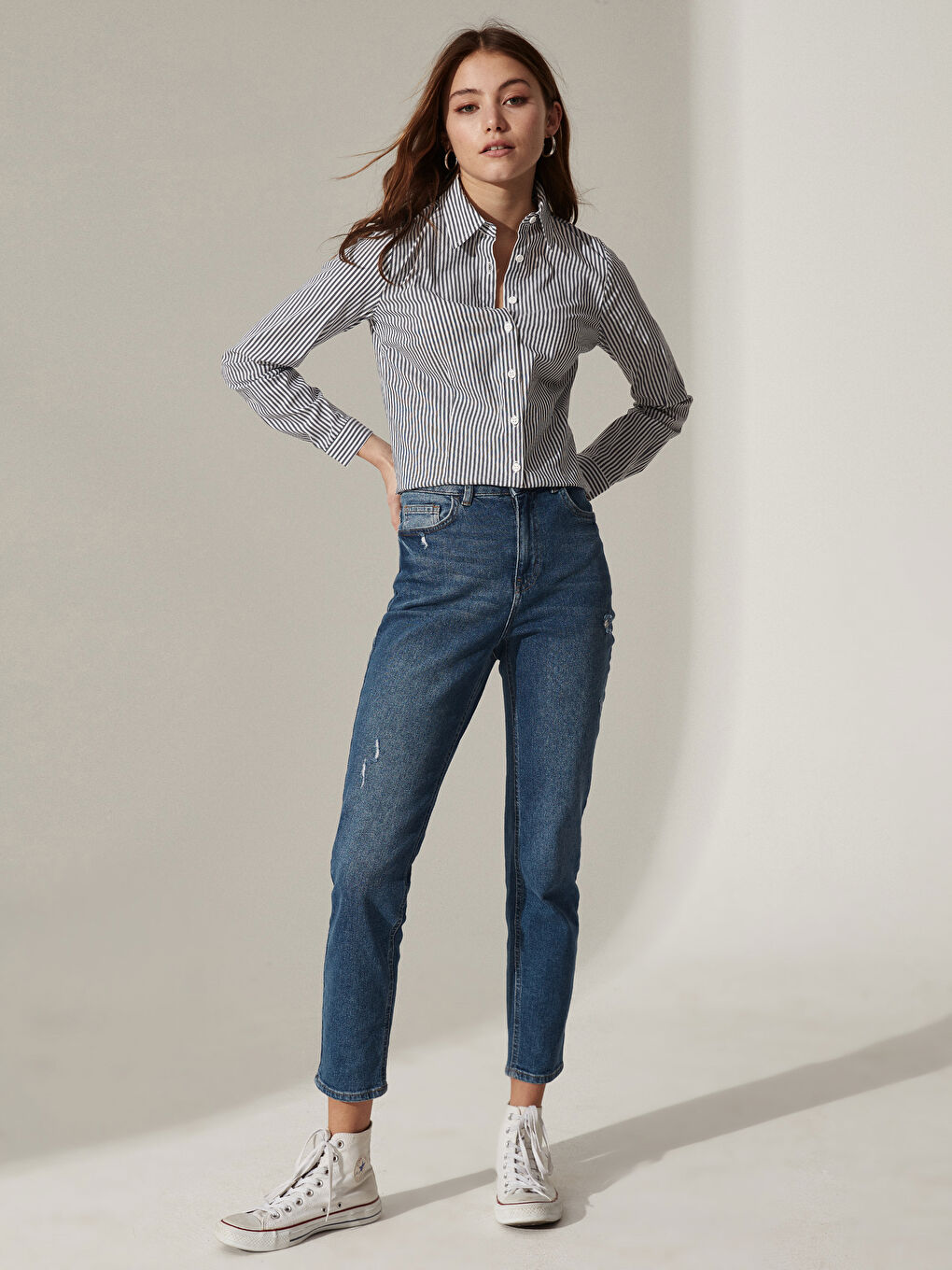 Lacivert Çizgili Poplin Uzun Kollu Kadın Gömlek-3