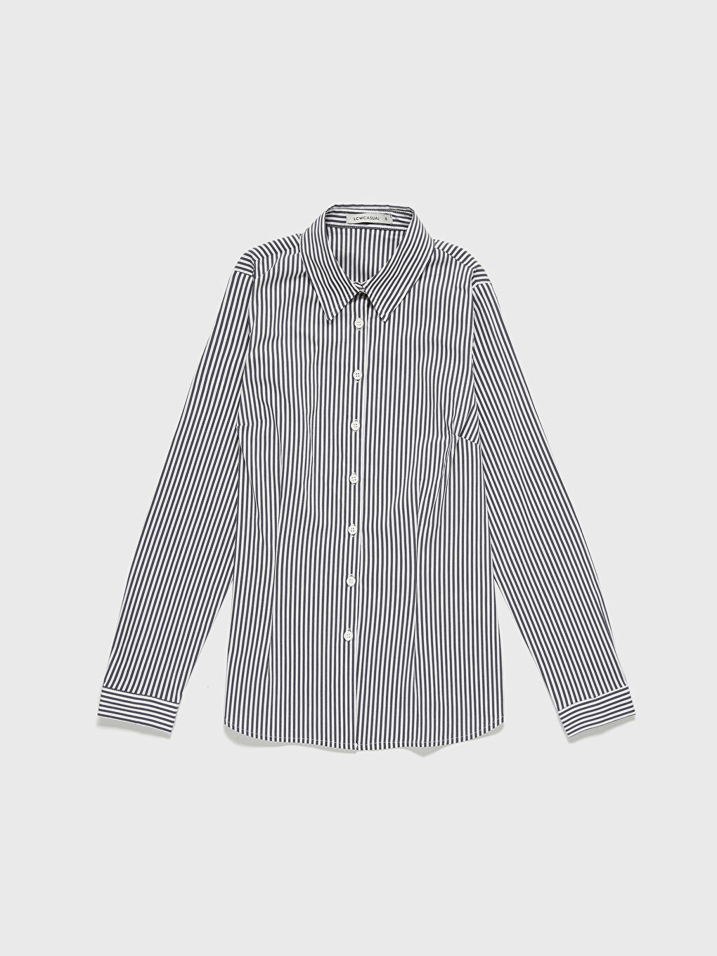 Lacivert Çizgili Poplin Uzun Kollu Kadın Gömlek-1