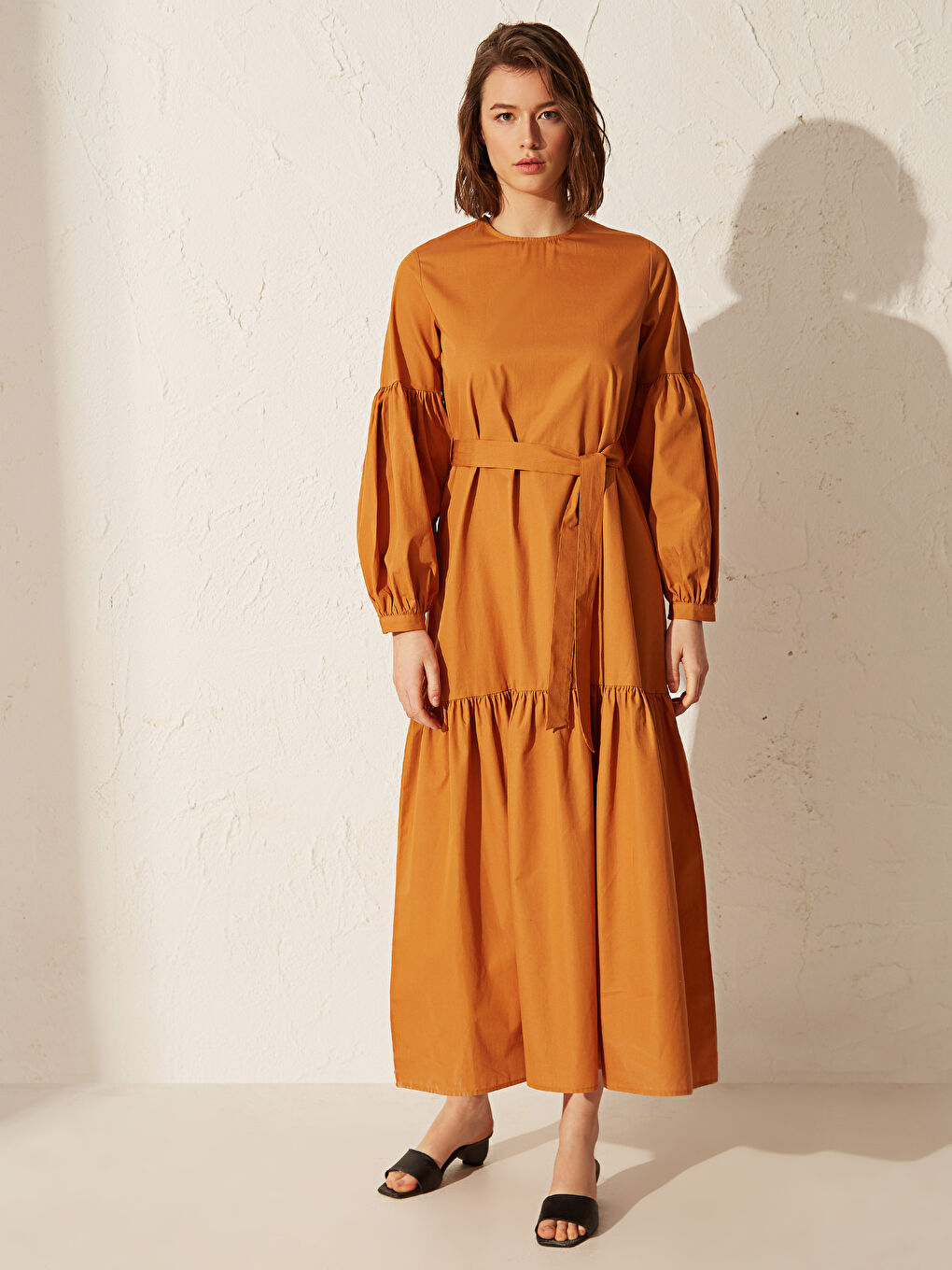 Sarı Kuşaklı Uzun Poplin Elbise-1